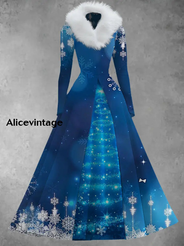 Christmas Art Print Vintage Elegant V-Neck Fur Collar Long Sleeve Midi Dress A / S