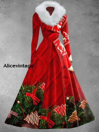 Christmas Art Print Vintage Elegant V-Neck Fur Collar Long Sleeve Midi Dress A / S