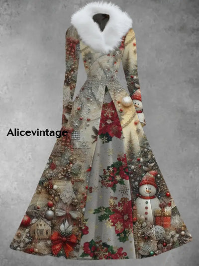 Christmas Art Print Vintage Elegant V-Neck Fur Collar Long Sleeve Midi Dress A / S