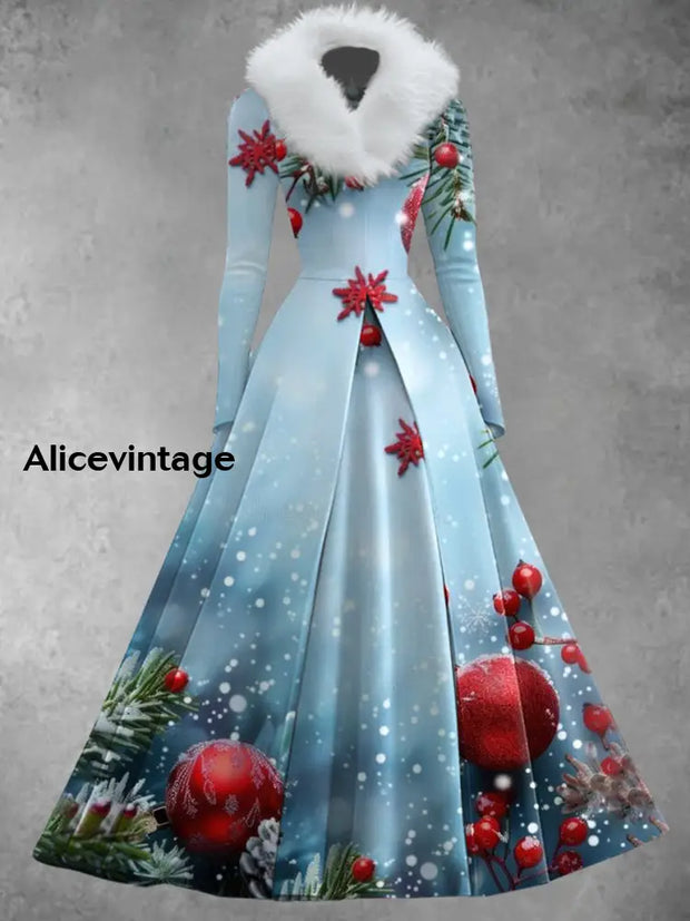 Christmas Art Print Vintage Elegant V-Neck Fur Collar Long Sleeve Midi Dress A / S