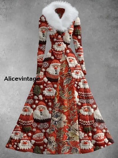 Christmas Art Print Vintage Elegant V-Neck Fur Collar Long Sleeve Midi Dress A / S