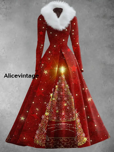 Christmas Art Print Vintage Elegant V-Neck Fur Collar Long Sleeve Midi Dress A / S