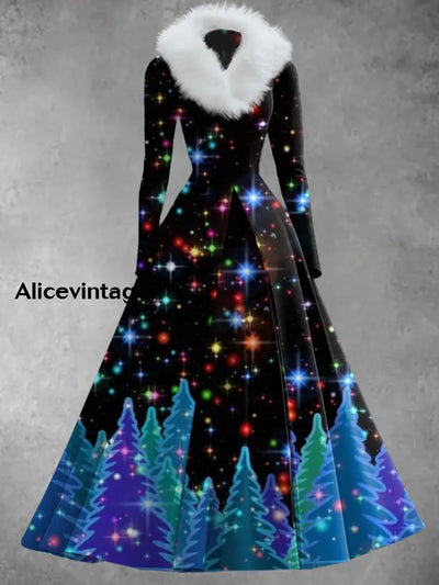 Christmas Art Print Vintage Elegant V-Neck Fur Collar Long Sleeve Midi Dress A / S