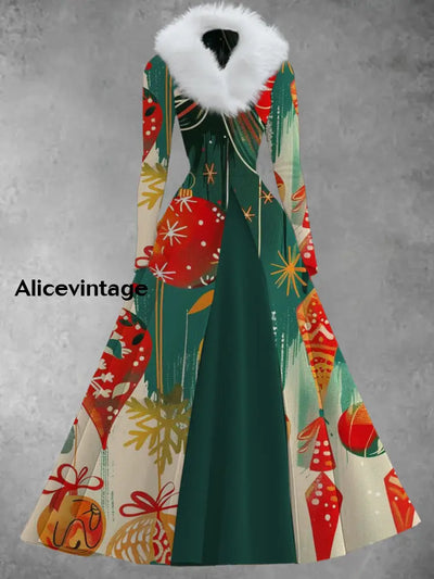 Christmas Art Print Vintage Elegant V-Neck Fur Collar Long Sleeve Midi Dress A / S