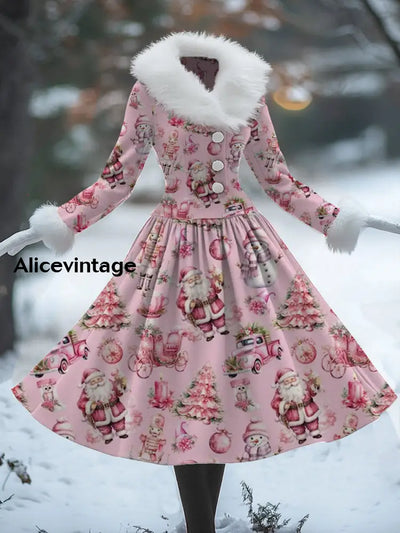 Christmas Art Print Vintage Elegant V-Neck Fur Collar Long Sleeve Midi Dress A / S