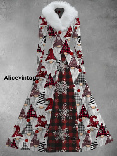 Christmas Art Print Vintage Elegant V-Neck Fur Collar Long Sleeve Midi Dress A / S