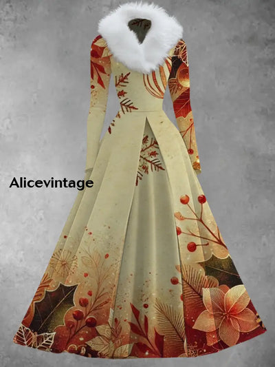 Christmas Art Print Vintage Elegant V-Neck Fur Collar Long Sleeve Midi Dress A / S