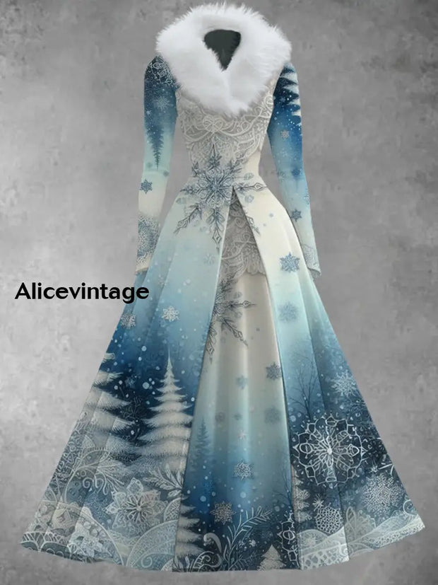 Christmas Art Print Vintage Elegant V-Neck Fur Collar Long Sleeve Midi Dress A / S