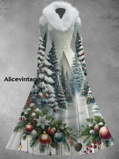 Christmas Art Print Vintage Elegant V-Neck Fur Collar Long Sleeve Midi Dress A / S