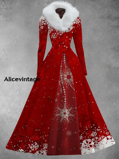 Christmas Art Print Vintage Elegant V-Neck Fur Collar Long Sleeve Midi Dress A / S