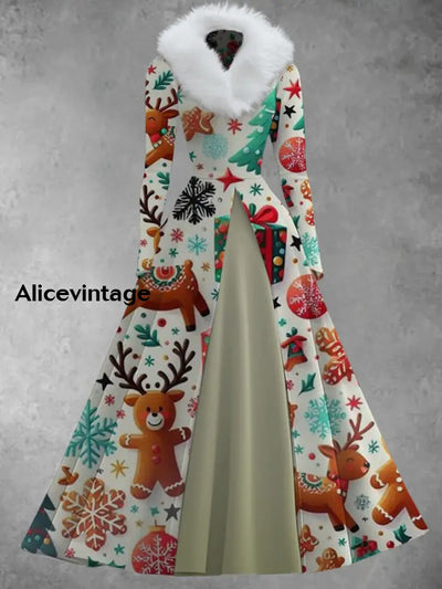 Christmas Art Print Vintage Elegant V-Neck Fur Collar Long Sleeve Midi Dress A / S