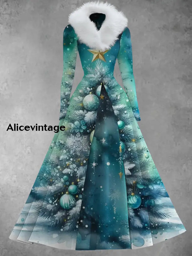 Christmas Art Print Vintage Elegant V-Neck Fur Collar Long Sleeve Midi Dress A / S