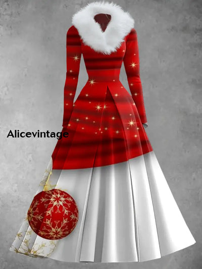 Women’s Retro Christmas Art Print V-Shaped Fur Collar Long Sleeve 50S Elegant Slim Midi Holiday