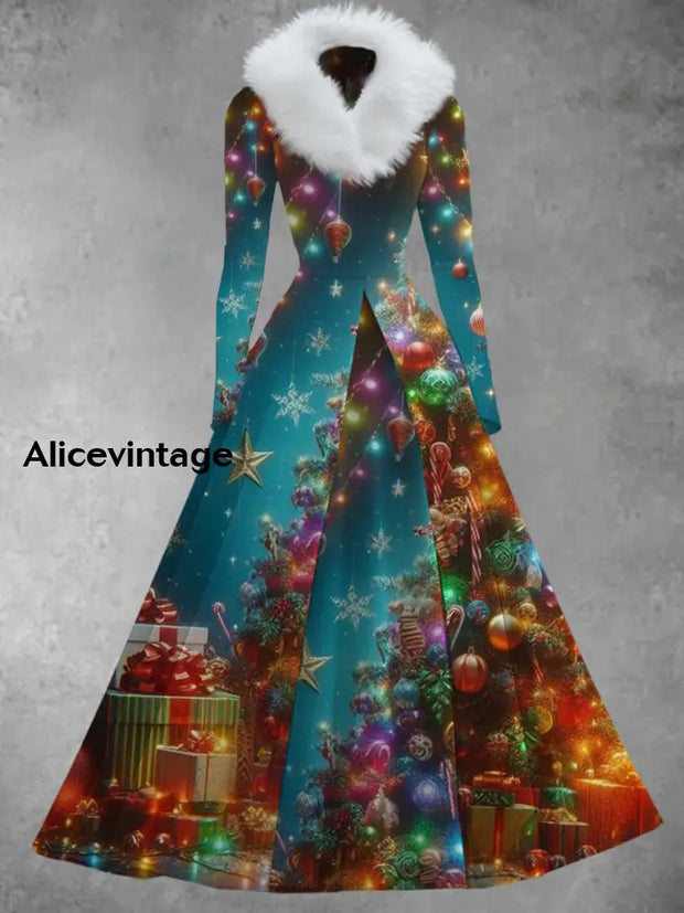 Christmas Art Print Vintage Elegant V-Neck Fur Collar Long Sleeve Midi Dress A / S