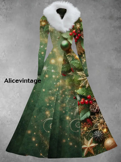 Christmas Art Print Vintage Elegant V-Neck Fur Collar Long Sleeve Midi Dress A / S