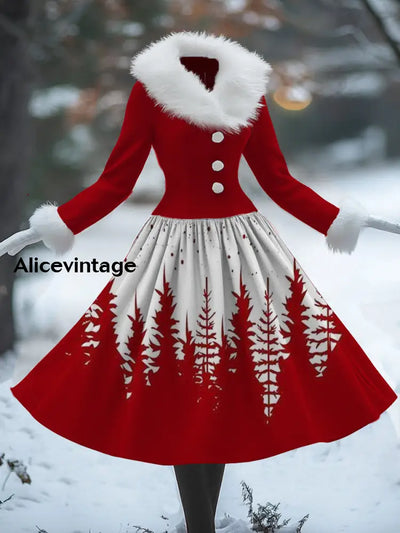 Christmas Art Print Vintage Elegant V-Neck Fur Collar Long Sleeve Midi Dress A / S