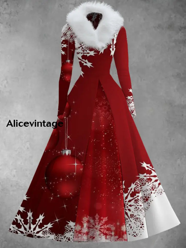 Christmas Art Print Vintage Elegant V-Neck Fur Collar Long Sleeve Midi Dress A / S