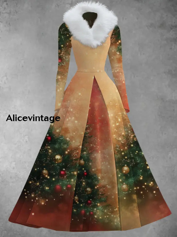 Christmas Art Print Vintage Elegant V-Neck Fur Collar Long Sleeve Midi Dress A / S