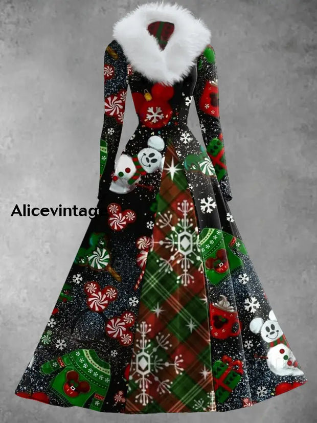 Christmas Art Print Vintage Elegant V-Neck Fur Collar Long Sleeve Midi Dress A / S