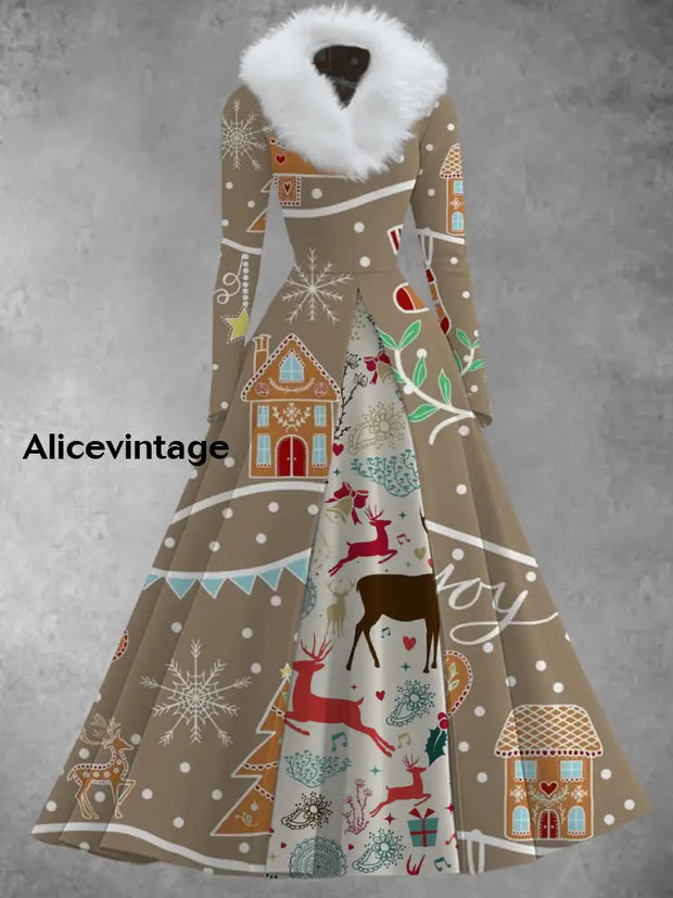 Christmas Art Print Vintage Elegant V-Neck Fur Collar Long Sleeve Midi Dress A / S