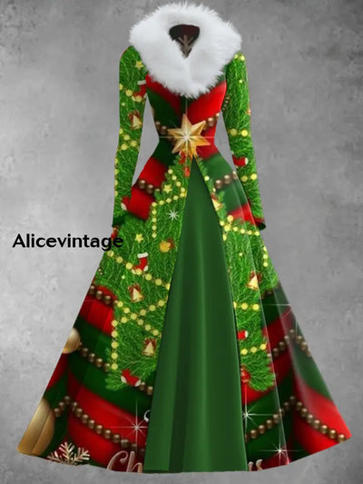 Christmas Art Print Vintage Elegant V-Neck Fur Collar Long Sleeve Midi Dress A / S