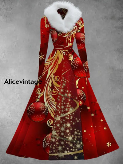 Christmas Art Print Vintage Elegant V-Neck Fur Collar Long Sleeve Midi Dress A / S