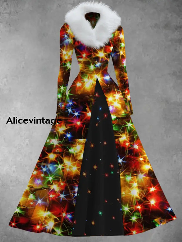 Christmas Art Print Vintage Elegant V-Neck Fur Collar Long Sleeve Midi Dress A / S