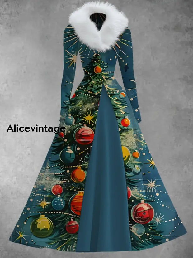 Christmas Art Print Vintage Elegant V-Neck Fur Collar Long Sleeve Midi Dress A / S