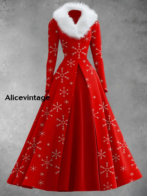 Women’s Vintage Christmas Art Print V-Neck Fur Long Sleeve 50S Elegant Slim Fit Midi Dress A / S