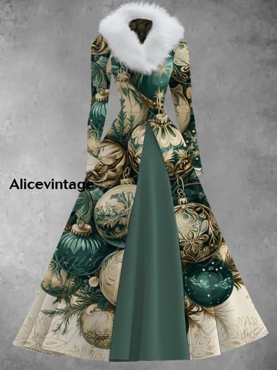 Christmas Art Print Vintage Elegant V-Neck Fur Collar Long Sleeve Midi Dress A / S