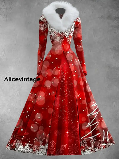 Christmas Art Print Vintage Elegant V-Neck Fur Collar Long Sleeve Midi Dress A / S