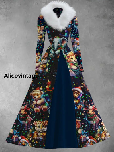 Christmas Art Print Vintage Elegant V-Neck Fur Collar Long Sleeve Midi Dress A / S