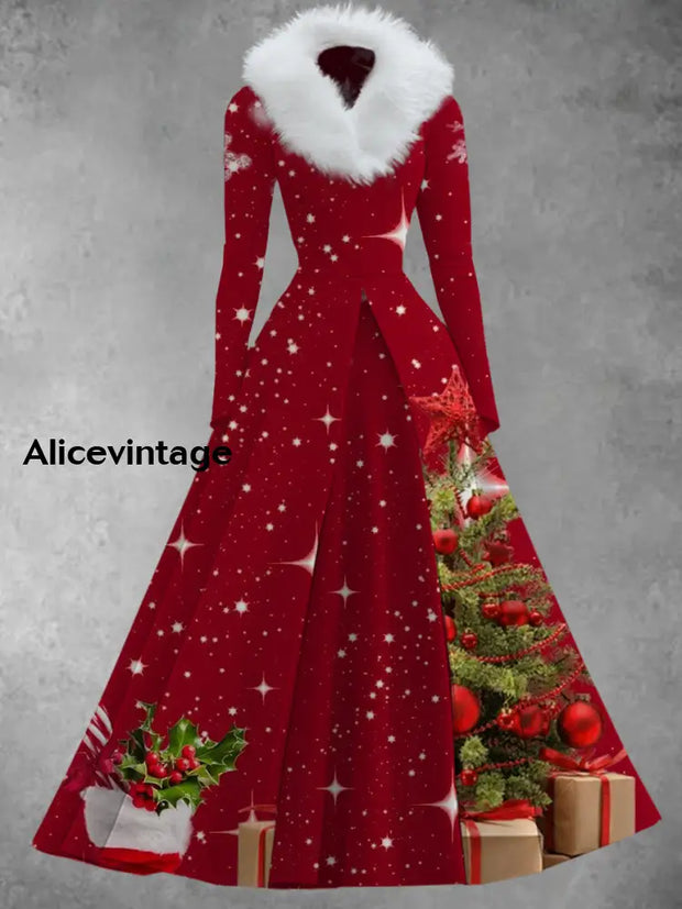 Christmas Art Print Vintage Elegant V-Neck Fur Collar Long Sleeve Midi Dress A / S