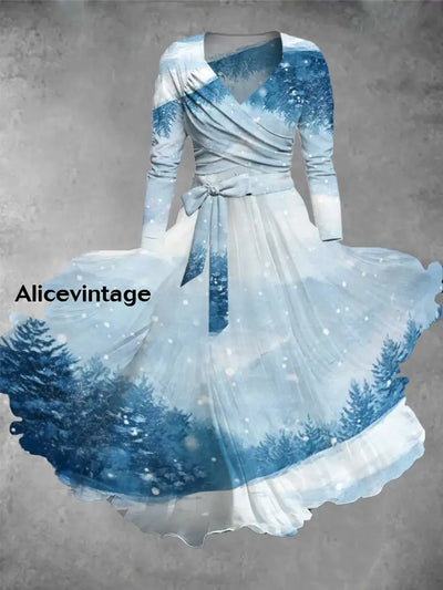 Christmas Art Print Vintage Elegant V-Neck Long Sleeve Midi Dress A / S