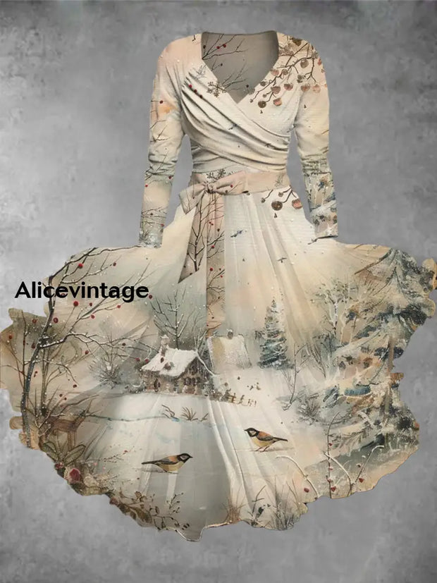 Christmas Art Print Vintage Elegant V-Neck Long Sleeve Midi Dress A / S