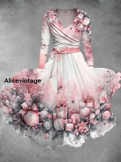 Christmas Art Print Vintage Elegant V-Neck Long Sleeve Midi Dress A / S