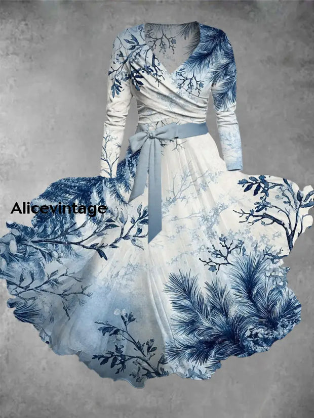 Christmas Art Print Vintage Elegant V-Neck Long Sleeve Midi Dress A / S