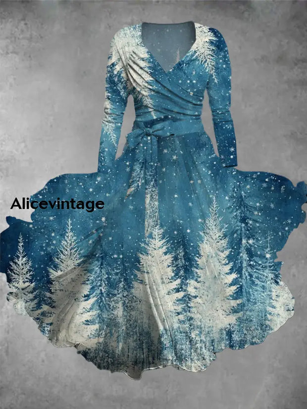 Christmas Art Print Vintage Elegant V-Neck Long Sleeve Midi Dress A / S