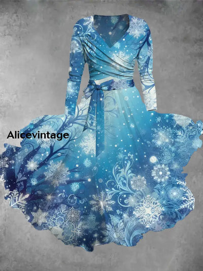 Christmas Art Print Vintage Elegant V-Neck Long Sleeve Midi Dress A / S