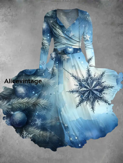 Christmas Art Print Vintage Elegant V-Neck Long Sleeve Midi Dress A / S