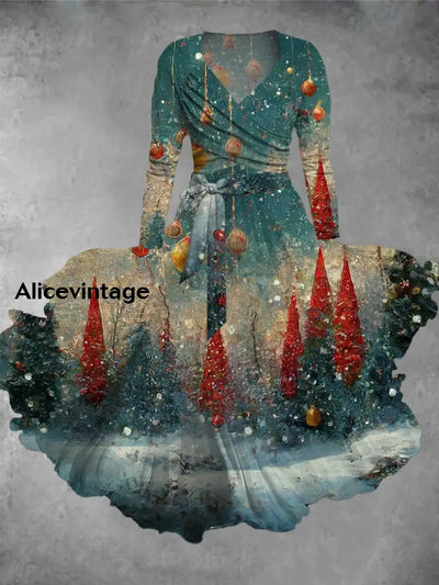 Christmas Art Print Vintage Elegant V-Neck Long Sleeve Midi Dress A / S