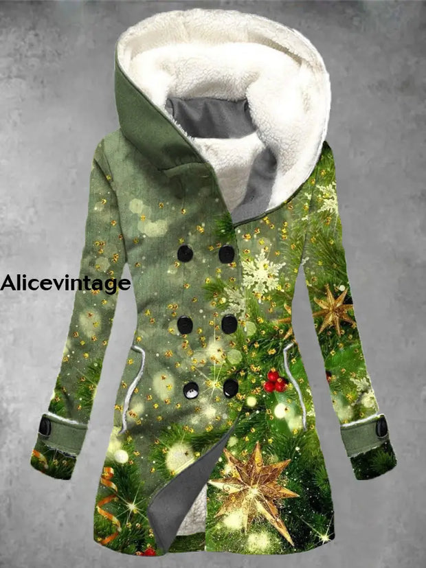 Christmas Art Print Vintage Long Sleeve Button Jacket Coat A / S