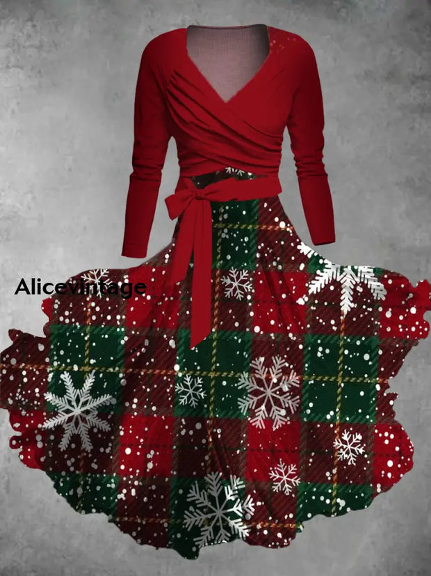 Christmas Art Print Vintage Long Sleeve Two-Piece Midi Dress A / S