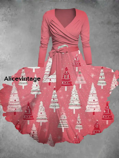 Christmas Art Print Vintage V-Neck Long Sleeve Two-Piece Midi Dress A / S