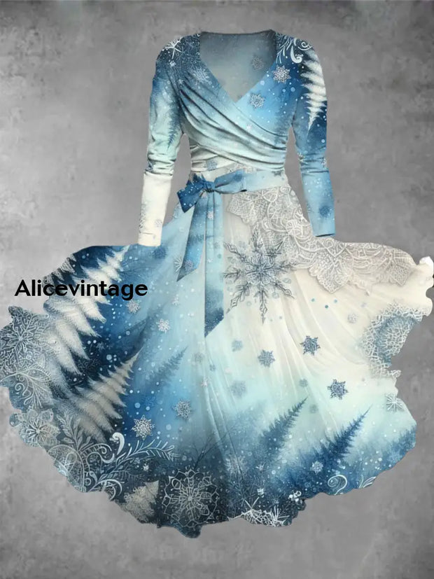 Christmas Art Print Vintage V-Neck Long Sleeve Two-Piece Midi Dress A / S