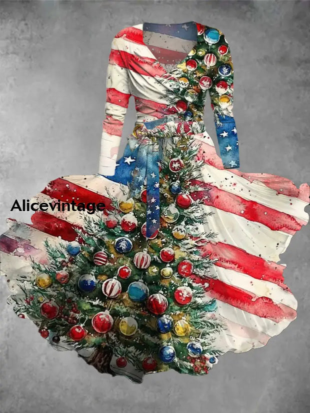 Christmas Art Print Vintage V-Neck Long Sleeve Two-Piece Midi Dress A / S