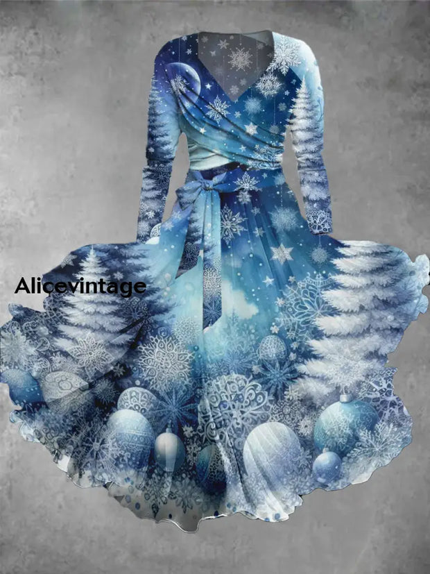 Christmas Art Print Vintage V-Neck Long Sleeve Two-Piece Midi Dress A / S