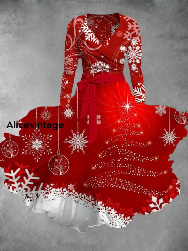 Christmas Art Print Vintage V-Neck Long Sleeve Two-Piece Midi Dress A / S