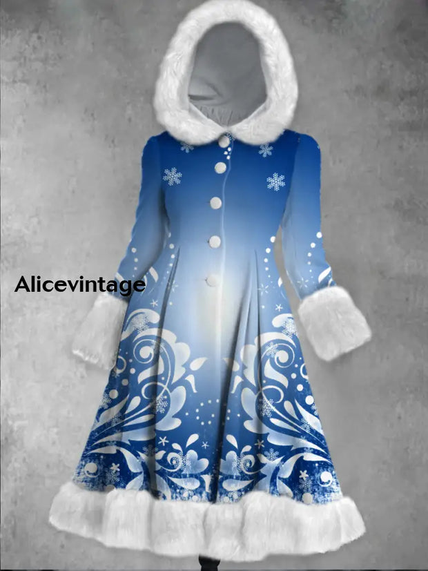 Christmas Art Printed Elegance Furry Cuff Thick Long-Sleeved Fur Hooded Coat Midi Dress