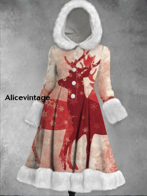 Christmas Art Printed Elegance Furry Cuff Thick Long-Sleeved Fur Hooded Coat Midi Dress